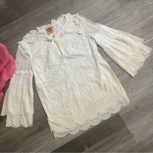 TORY BURCH Sz 4 Embroidered Logo Scalloped Ruffles Tiered Bohemian Top Ivory